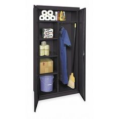 a black metal locker with cleaning supplies and other items on it's shelfs