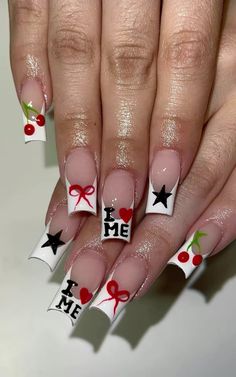 #acrylic #acrylicnaildesigns #nails #french #red #cherry #stars #black #iloveyou #bows I Love My Bf Nails, Cute Nails Acrylic Baddie, White French Tip Nails With Red Design, Fun Nail Art Creative, 3rd Eye Nails, Black French Tip Star Nails, White Red And Black Nails, I Heart Me Nails Design, How To Make A Star On Nails