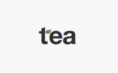 the word tea is written in black and green letters on a white background with leaves