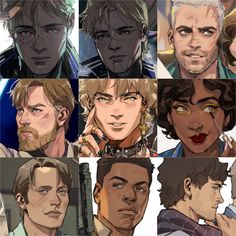 many different pictures of the same person in each character's face, including one man with