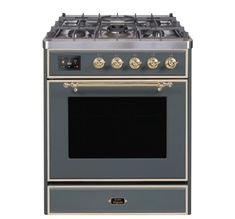 a blue oven with gold trim and two burners