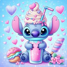 a cartoon character holding a cupcake and an ice cream sundae on top of it