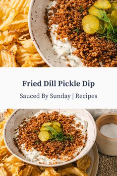 fried dill pickle dip served in a bowl with crackers and sour cream