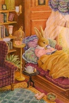 a drawing of a bunny sitting in a chair next to a book shelf with books on it