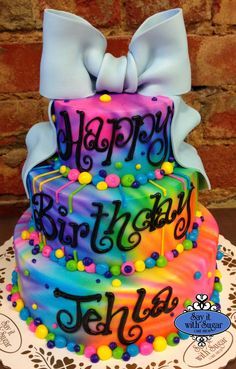 a colorful birthday cake with the words happy birthday to you on it's side