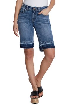 Partially made with sustainably sourced fibers, these stretchy Bermuda shorts feature a relaxed fit and released hems that create a modern silhouette. 11" inseam; 19" leg opening; 10 1/2" front rise Zip fly with button closure Five-pocket style 69% cotton, 27% REPREVE® recycled polyester, 3% rayon, 1% spandex REPREVE recycled polyester is made from 100% post-consumer recycled plastic bottles Machine wash, tumble dry Imported Relaxed Fit Recycled Denim Summer Bottoms, Summer Relaxed Fit Recycled Denim Bottoms, Medium Wash Mid-rise Bermuda Shorts For Spring, Spring Bermuda Shorts In Medium Wash With Mid-rise, Short Recycled Denim Bottoms With Relaxed Fit, Mid-rise Medium Wash Bermuda Shorts For Spring, Spring Mid-rise Bermuda Shorts In Medium Wash, Recycled Denim Shorts With Relaxed Fit, Casual Relaxed Fit Mid-rise Bermuda Shorts