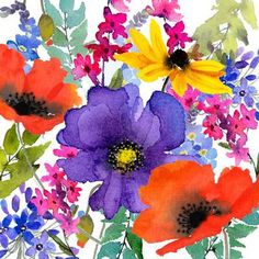 watercolor painting of colorful flowers on white background