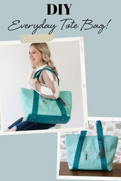 a woman holding a large blue bag with the words, diy everyday tote bag