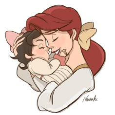 the little mermaid is hugging her mother's face while she hugs her head with both hands