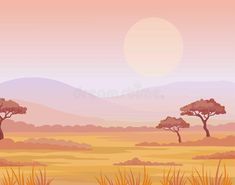 an african landscape with trees and mountains in the background royalty illustration stock photo - image