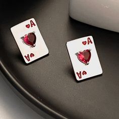 Silver Playing Card Stud Earrings Ace Of Hearts Silver Heart Earrings For Party On Mother's Day, Silver Heart Earrings For Mother's Day Party, Ace Of Hearts, Playing Card, Lady In Red, Playing Cards, Hip Hop, Jewelry Earrings, Stud Earrings