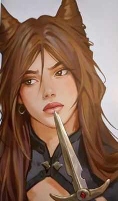 a painting of a woman holding a pair of scissors in front of her face with long hair