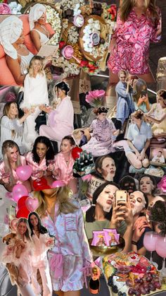 collage of women dressed in pink and white with balloons, hats, dresses, and other items