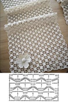 an image of a piece of white lace with flowers on the side and two pictures of it