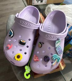 Crocs, crocs shoes, croc charms, summer crocs, purple, purple crocs, lavender, lavender crocs, charms, jibbitz, girly things, shoes, slides Jibbitz Crocs Ideas, Aesthetic Crocs, Jibbitz Ideas, Crocs With Jibbitz, Bling Crocs