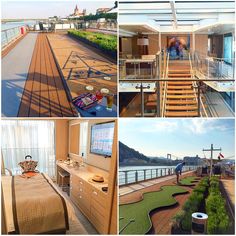 there are pictures of the inside of a cruise ship with stairs and rooms on each side