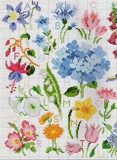 a cross stitch pattern with flowers on the front and back side, in different colors