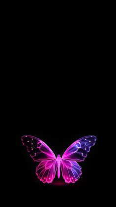 a purple butterfly flying in the dark with its wings spread out and glowing pink on it's back