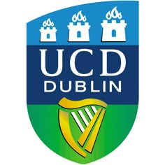 the ucd dublin logo is shown in blue and green, with three buildings behind it