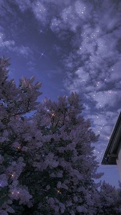 the night sky is lit up with stars and clouds above some pink trees in front of a house