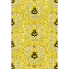 a yellow and black pattern with bees on it