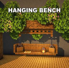 the hanging bench is made out of wood and has plants growing on top of it