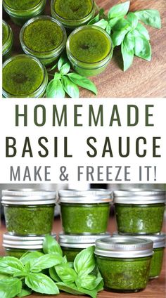 homemade basil sauce made and freeze it in mason jars with basil leaves on the side