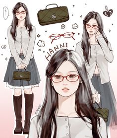 a drawing of a girl wearing glasses and holding a handbag in front of her face