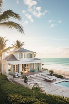 a white house on the beach with palm trees around it and an ocean in the background