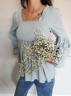 Sage Smocked Bell Sleeve Blouse – Mota Boutique Bell Sleeves Blouse, Sleeves Blouse, Bell Sleeve Blouse, Bell Sleeve, Off Shoulder Blouse, Square Neck, Smocking, Bell Sleeves, Bell Sleeve Top