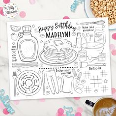 the happy birthday madelin coloring page is next to a cup of coffee and cereal