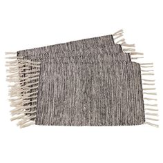 two gray and white rugs with fringe ends on the bottom, one in grey