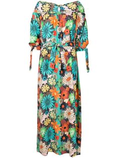 multicolour modal all-over floral print tied waist V-neck short puff sleeves tied cuffs long length straight hem Tie Waist Dress, Vestido Casual, Printed Ties, Waist Dress, Floral Print Dress, Long Length, Puff Sleeves, Day Dresses, Puff Sleeve