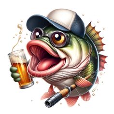 a fish holding a beer glass and wearing a baseball cap with its mouth wide open