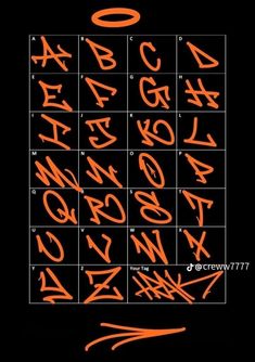 an orange and black alphabet is shown on a black background with the letters written in it