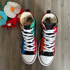 MADE IN MEXICO You will be in love with these super cute Hi Top handmade embroidered sneakers. They are lightweight and durable, with both sides featuring a unique colorful floral embroidery. Not one shoe is alike For: Women Color: Multi Details: Canvas upper is lightweight and durable. Embroidered design Lace-up closure Hi-Top Medial eyelets enhance airflow Waffle rubber sole FOR MORE DETAILS PLEASE CONTACT US. PLEASE READ BEFORE PURCHASE: The picture is an ACCURATE REPRESENTATION.Colors in the Hi Top, Embroidered Design, Woman Colour, Floral Embroidery, Top Sneakers, Super Cute, Womens Sizes, Lace Up, Im Not Perfect