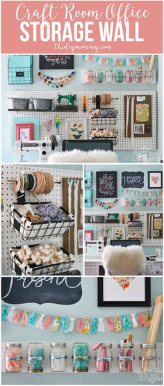 the craft room office storage wall is organized and organized