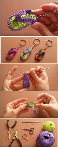 crocheted items are being worked on with scissors, yarn and other crafting supplies