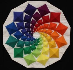 a circular arrangement of different colors of paper on a black background, with the center colored in rainbows