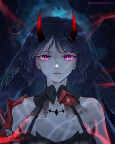 an anime character with horns on her head and red eyes is staring at the camera