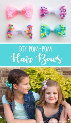 Pom Pom Bows Diy, Home Made Hair Accessories, Pom Pom Ribbon, Hair Crafts For Kids, Toddler Hair Bows Diy, Diy Barettes, Tull Hair Bows Diy, Bow Elastic Hair Ties Diy, Tulle Bows Diy Hair Pom Poms