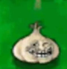 an image of a smiling onion on a green surface with its head in the middle