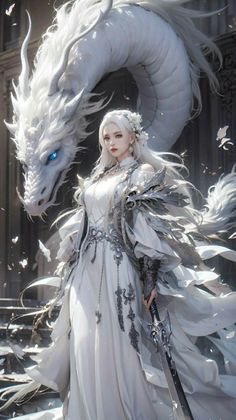 a woman dressed in white with a dragon on her shoulder