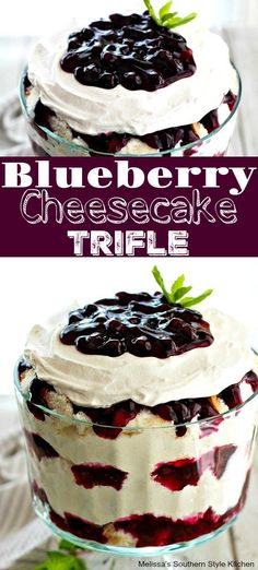 blueberry cheesecake trifle in a glass dish