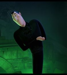 the animated character is dressed in black and has his arms spread out as if to be holding