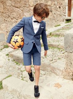 J.Crew boys Ludlow suiting jacket and short, Ludlow shirt, sunglasses, navy silk bow tie, and Adidas Samba sneakers. Samba Sneakers, Suits And Sneakers, Italian Suit, Kids Dress Up, Kids Photoshoot, Silk Bow, Sneakers Adidas