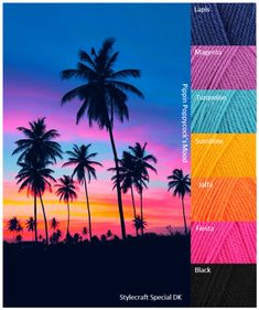 palm trees are silhouetted against an orange, pink and blue sky with the words stylecraft special dk