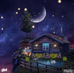 a painting of two people sitting in front of a cabin at night with the moon above them