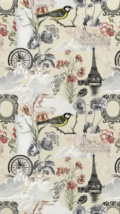 a wallpaper with flowers and birds on the top of it, next to an eiffel tower