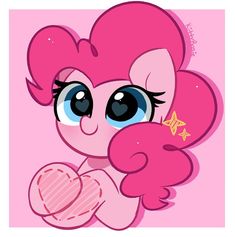 a pink pony with big blue eyes holding a heart